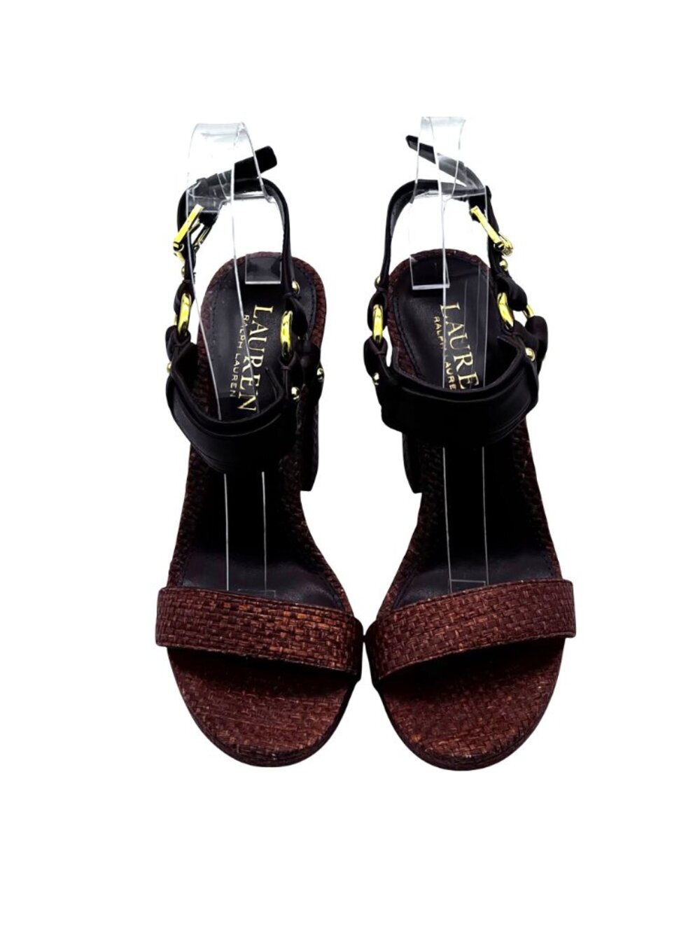 Lauren Ralph Lauren Faustine Raffia Straw & Leather Heel Sandals Womens 6B Brown - Picture 4 of 14